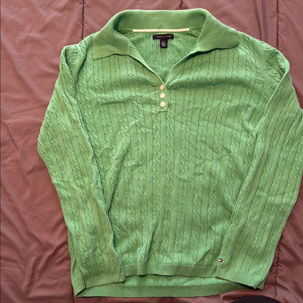 Tommy Hilfiger Green Cable Knit Polo Sweater